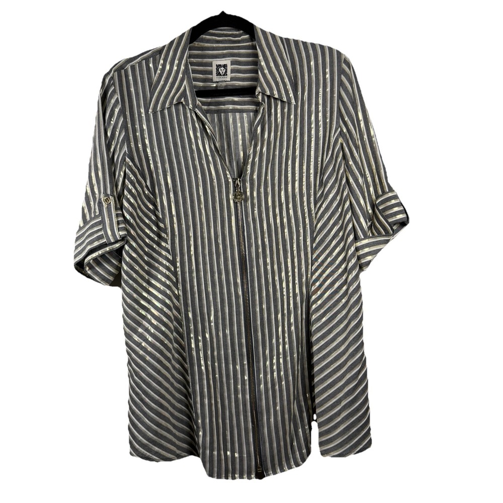 Anne Klein Medium Gold Black Stripe Short Sleeve Zip Front Blouse Zipper Office